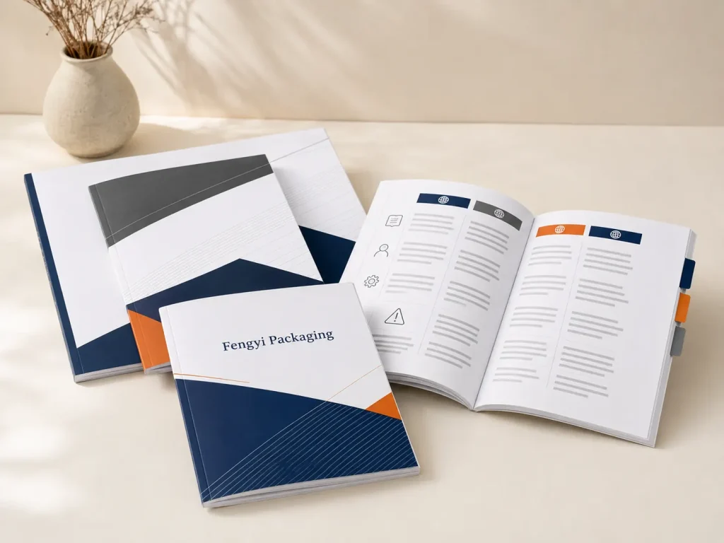 Fengyi Packaging concept mockup of custom multi-language printed manuals