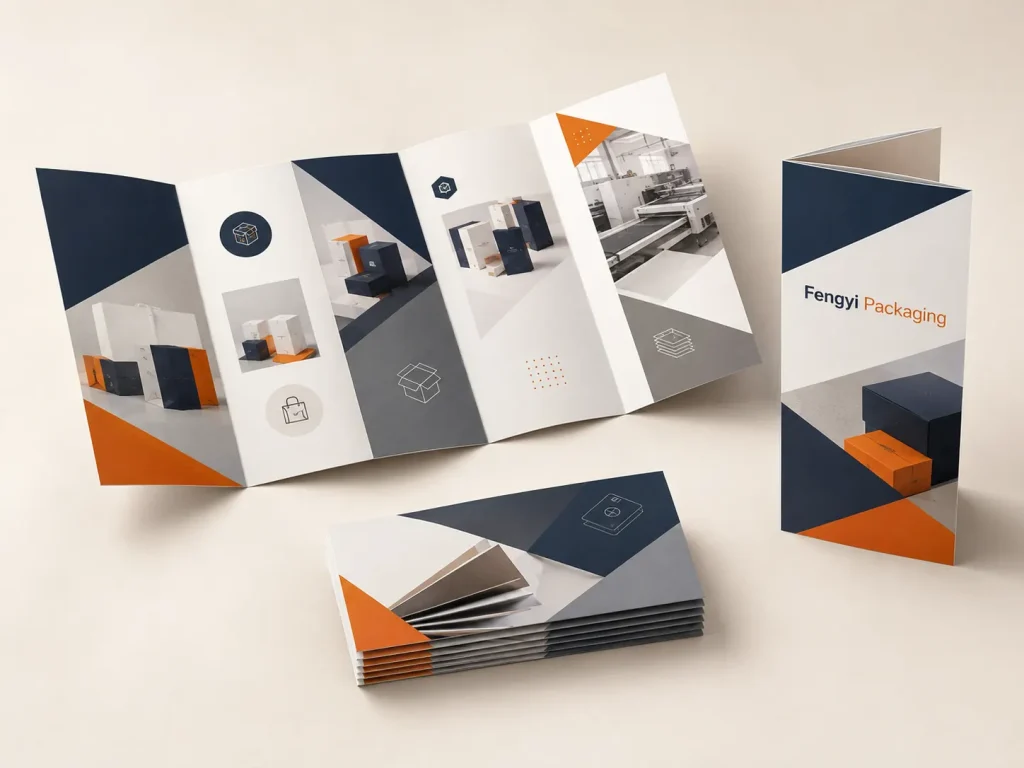 Fengyi Packaging concept mockup of open and folded tri-fold leaflets