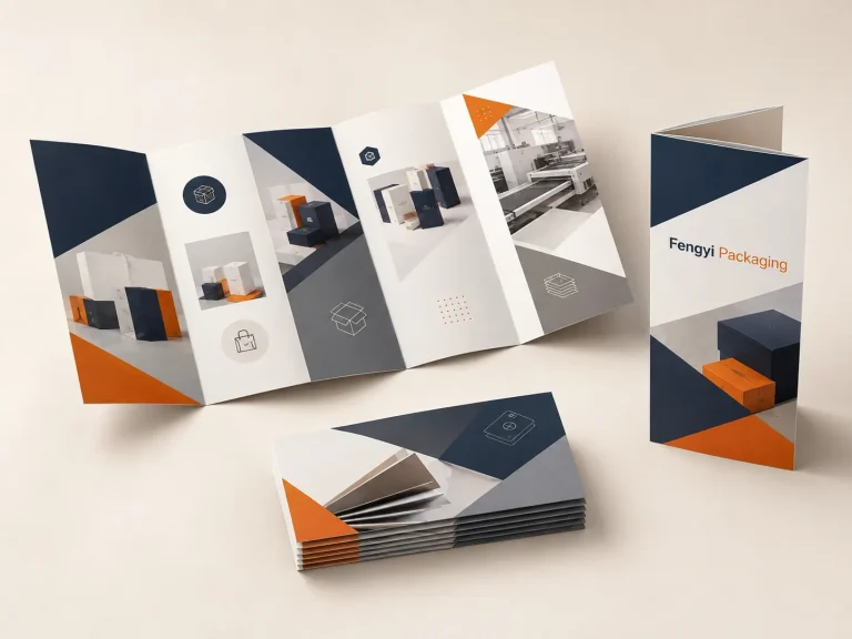 Fengyi Packaging concept mockup of open and folded tri-fold leaflets