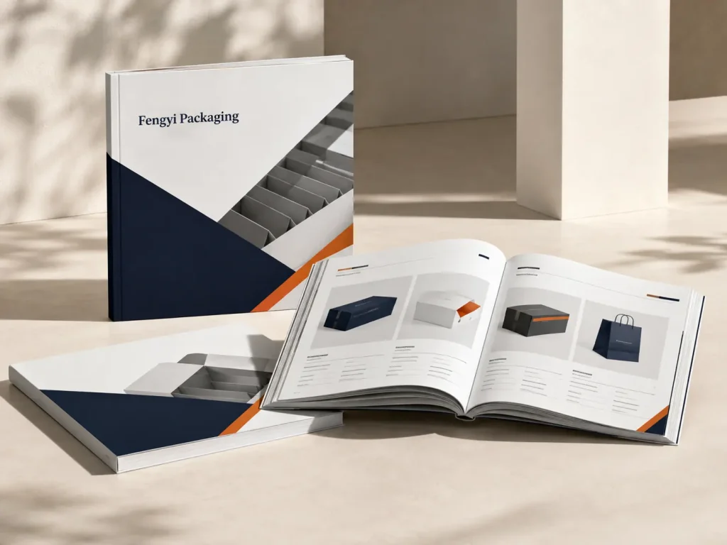 Fengyi Packaging concept mockup of a custom printed product catalog