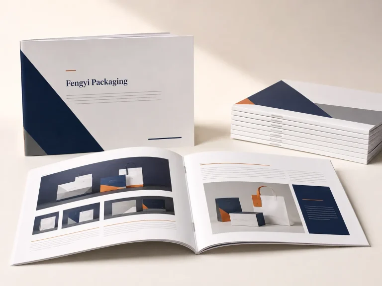 Fengyi Packaging concept mockup of saddle-stitched catalogs