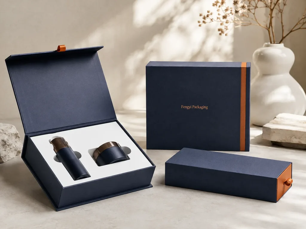 Fengyi Packaging concept mockup of cosmetic rigid boxes with inserts