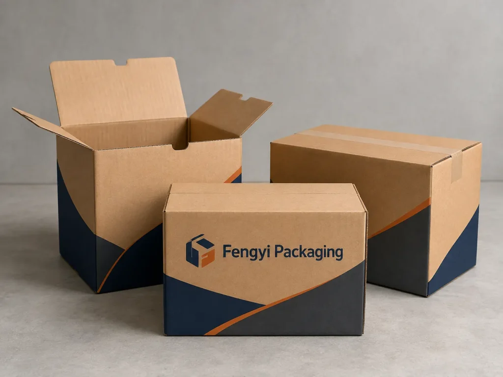 Fengyi Packaging concept mockup of printed corrugated shipping boxes