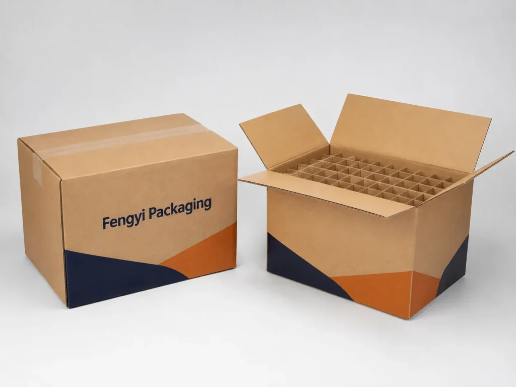 Fengyi Packaging concept mockup of export packing cartons with corrugated dividers