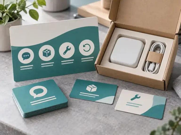 Teal after-sales care cards with a compact device and cable in a kraft box