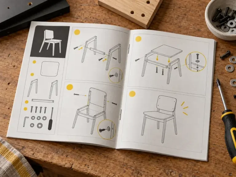 Folded custom assembly instructions with sequential diagrams and hardware