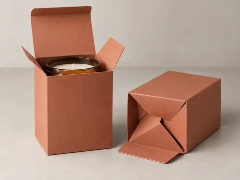 Terracotta auto-bottom cartons with an amber candle jar and exposed crash-lock base construction