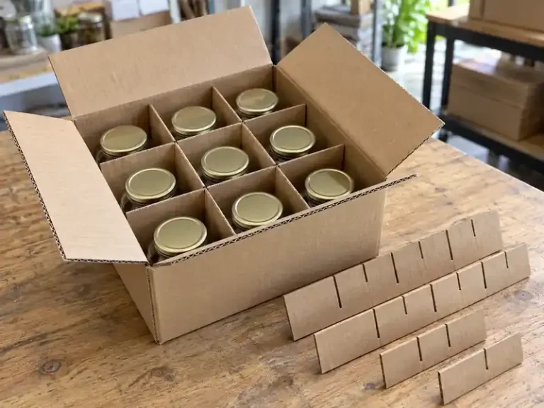Kraft shipping carton with three-by-three corrugated dividers separating nine glass jars
