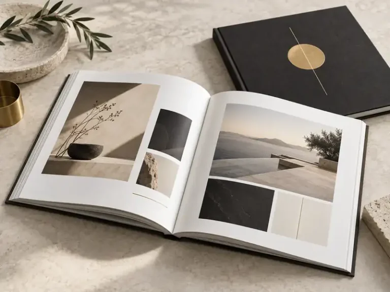 Refined custom brand lookbook with editorial lifestyle imagery and cloth-textured cover