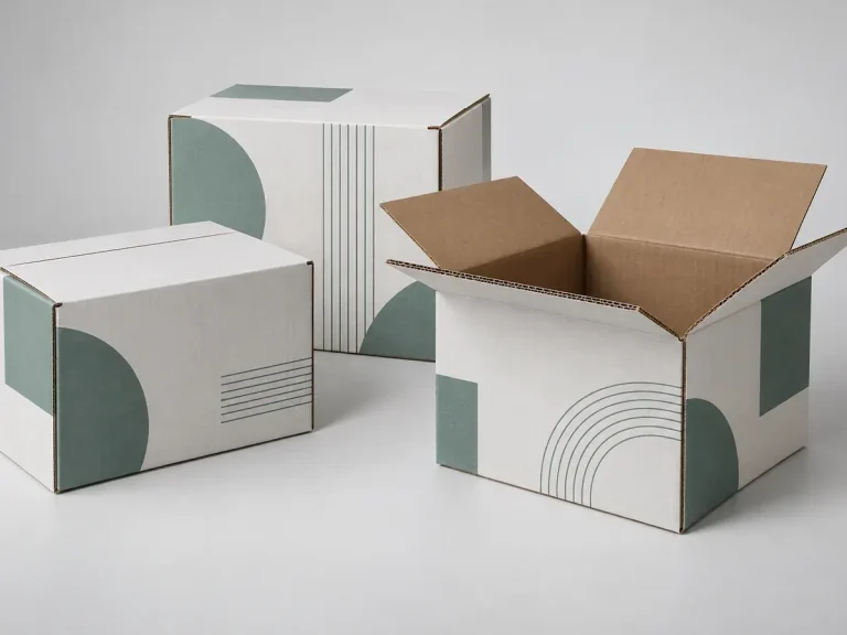 White-liner corrugated cases with original abstract teal printing and kraft interior