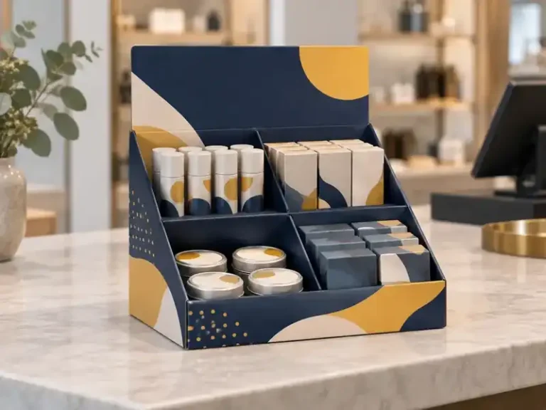 Navy and mustard counter display unit with four compartments for bottles, tins and cartons