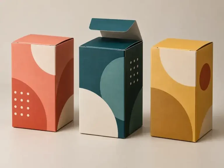 Coral, teal and ochre branded folding boxes with original abstract print patterns