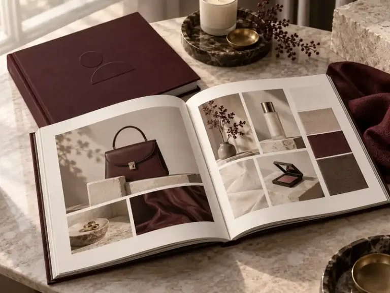 Custom branded lookbooks with cloth-touch covers, editorial product spreads and material swatches