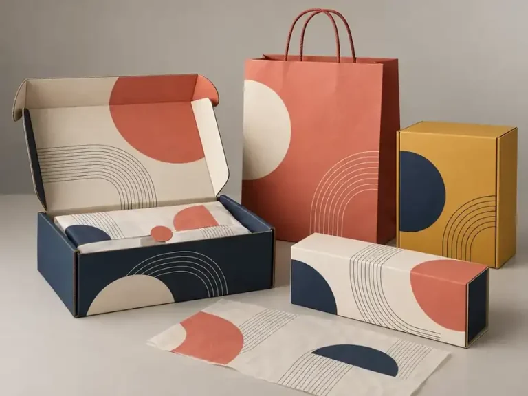 Navy, coral and mustard branded packaging family with mailer, bag, cartons and tissue