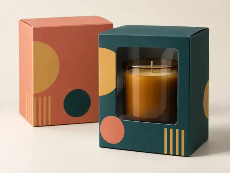 Teal and coral product visibility cartons with original abstract graphics and an amber candle jar