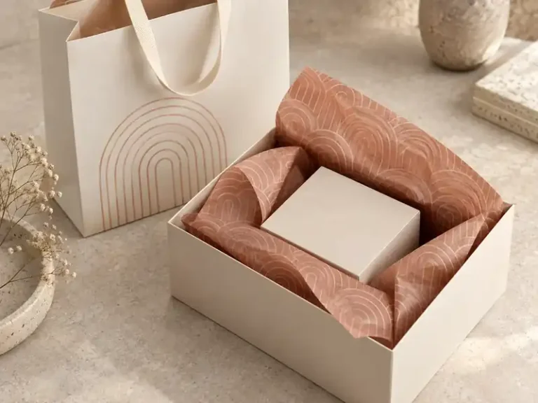 Cream retail bag and box with terracotta tissue printed in a repeating arch pattern