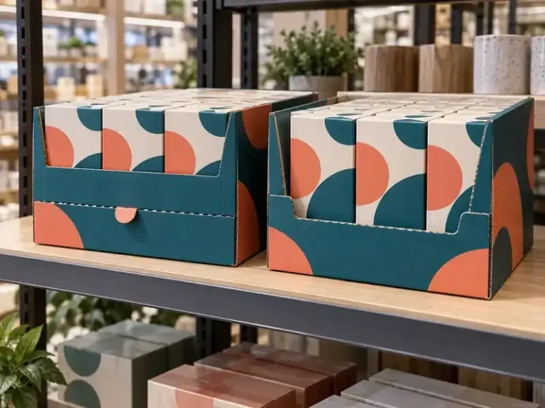 Teal and coral branded shelf-ready cartons shown before and after tear-open setup