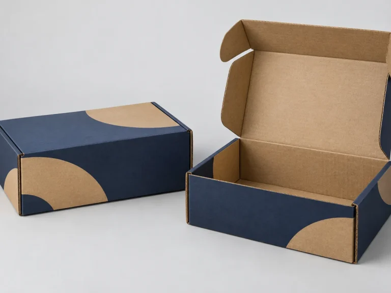 Navy printed corrugated shipping mailers shown open and closed with natural kraft interior
