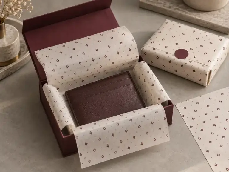 Burgundy accessory box with cream diamond-pattern tissue and leather card holder