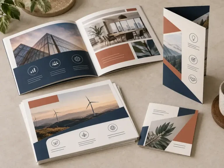 Coordinated navy, terracotta and cream brochure, leaflet and flyer printing set