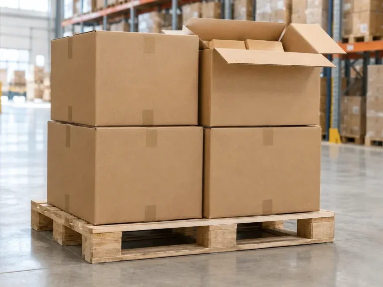 Large kraft bulk packing cartons stacked safely on a wooden pallet