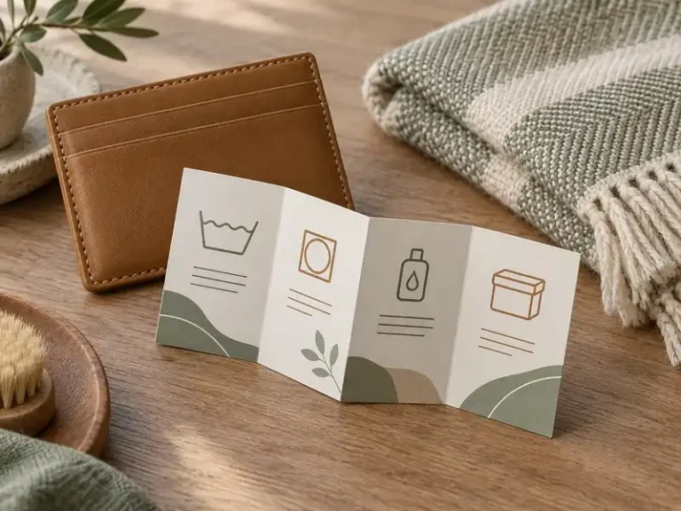 Folded care information insert with generic care icons beside leather and woven textile