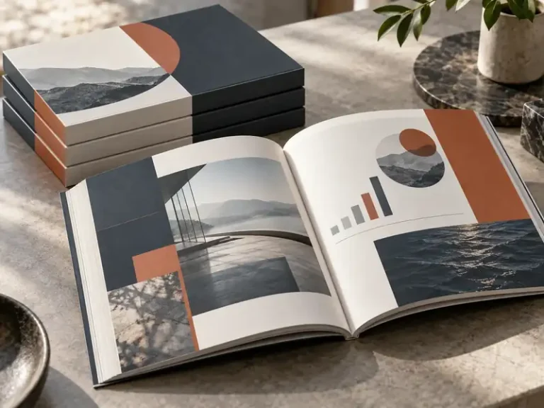 Custom commercial books with professional editorial spreads and section dividers