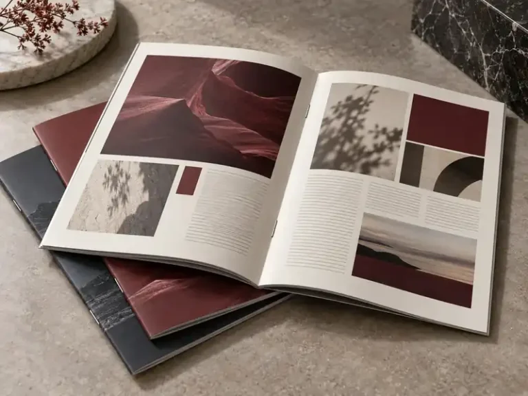 Custom commercial saddle-stitched books with coordinated editorial layouts and wire staples