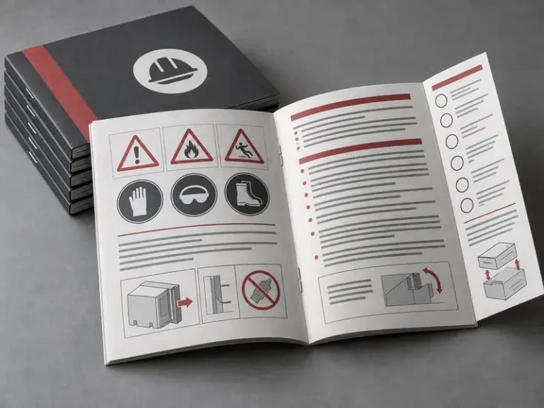 Custom compliance instruction manuals with warning panels and reference insert