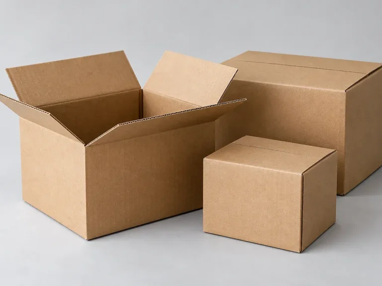 Unbranded kraft corrugated shipping boxes in practical sizes with one carton open