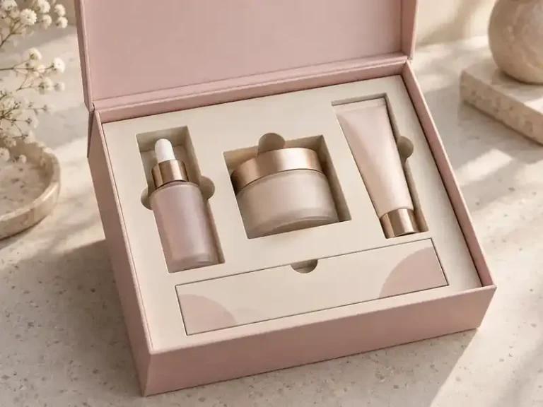 Blush cosmetic box with fitted cream paperboard insert for serum, jar, tube and accessory