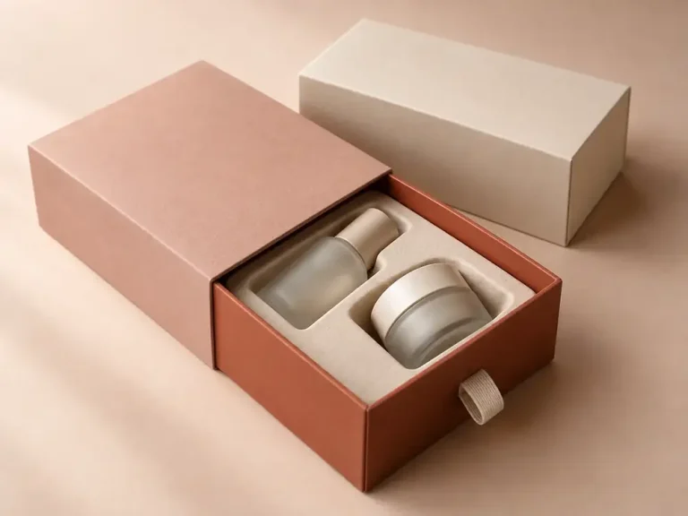 Dusty rose cosmetic drawer box with an unbranded frosted bottle and jar in a molded paper insert