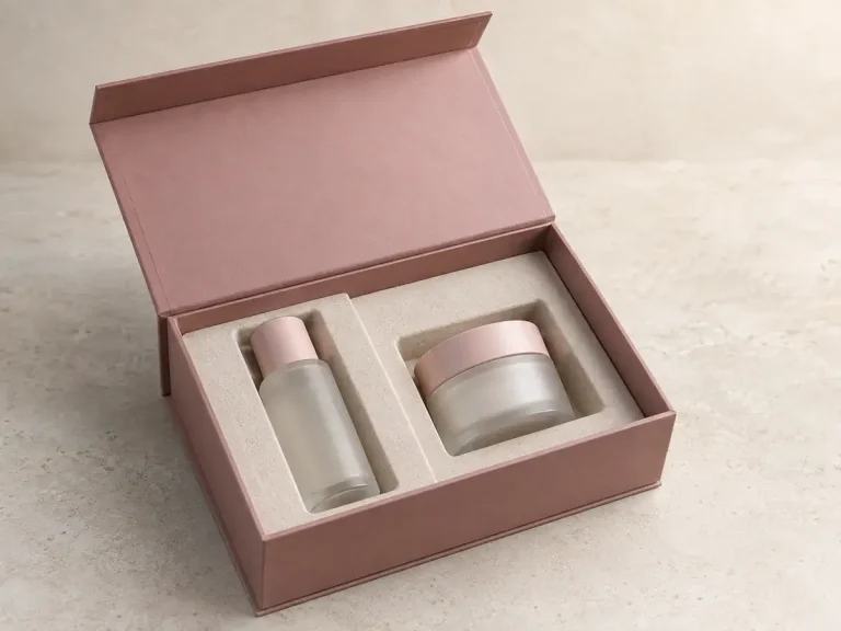 Dusty rose magnetic cosmetic box with a molded paper insert for an unlabeled bottle and jar