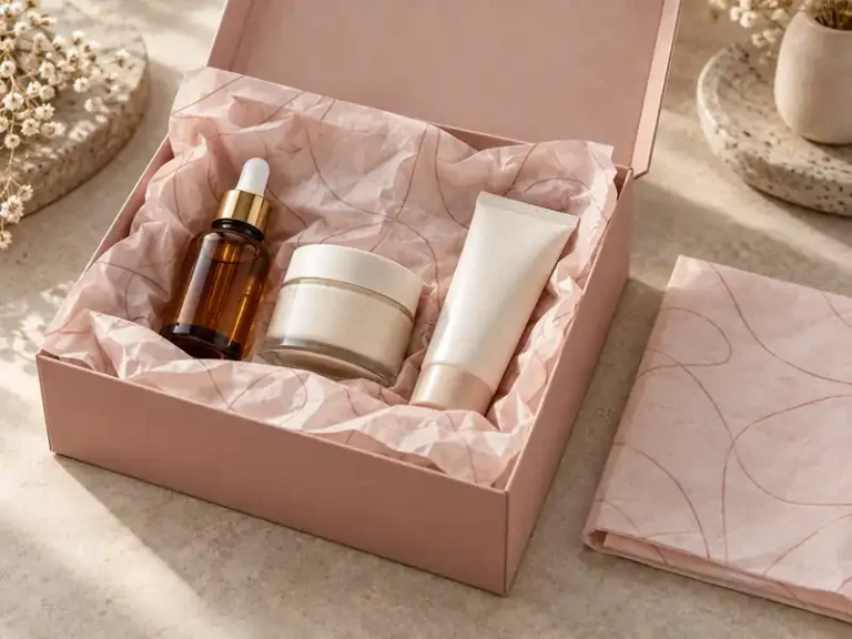 Blush cosmetic box with serum, jar and tube nested in patterned rose tissue