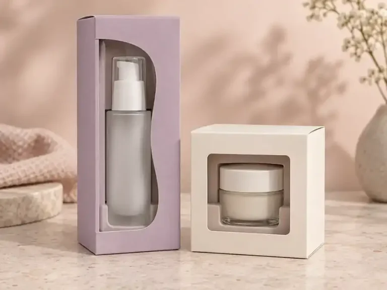 Lilac and ivory cosmetic window boxes with paper inserts for an unbranded pump bottle and cream jar