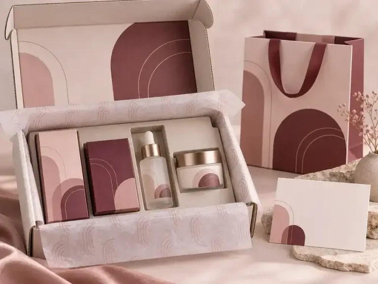 Rose cosmetics packaging project with mailer, paper insert, cartons, serum bottle and cream jar