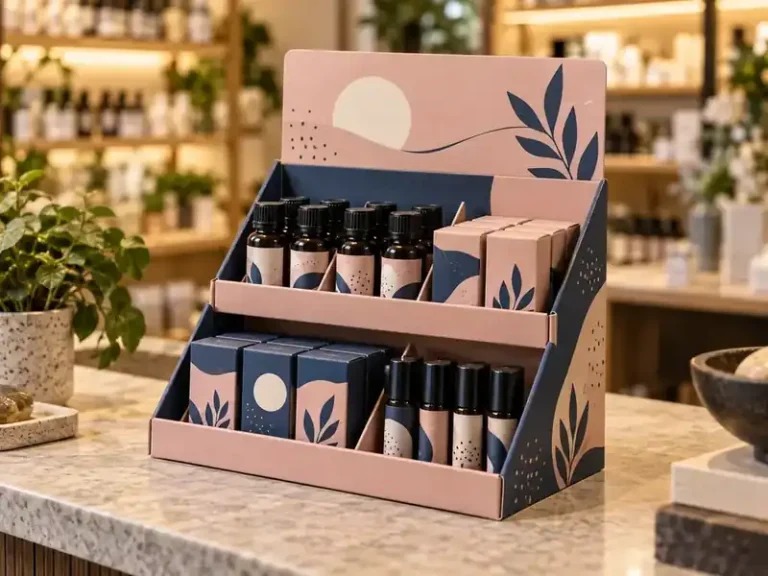 Blush and navy two-tier counter display packaging with bottles, cartons and dividers