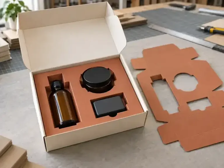 Cream box with terracotta die-cut paperboard insert for a bottle, jar and small device