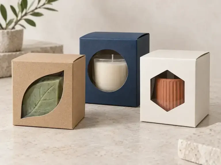 Kraft, navy and ivory cartons with leaf, circular and hexagonal die-cut windows