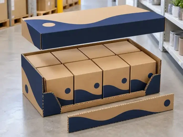 Navy and kraft display-ready case with removed top and front panels holding eight cartons