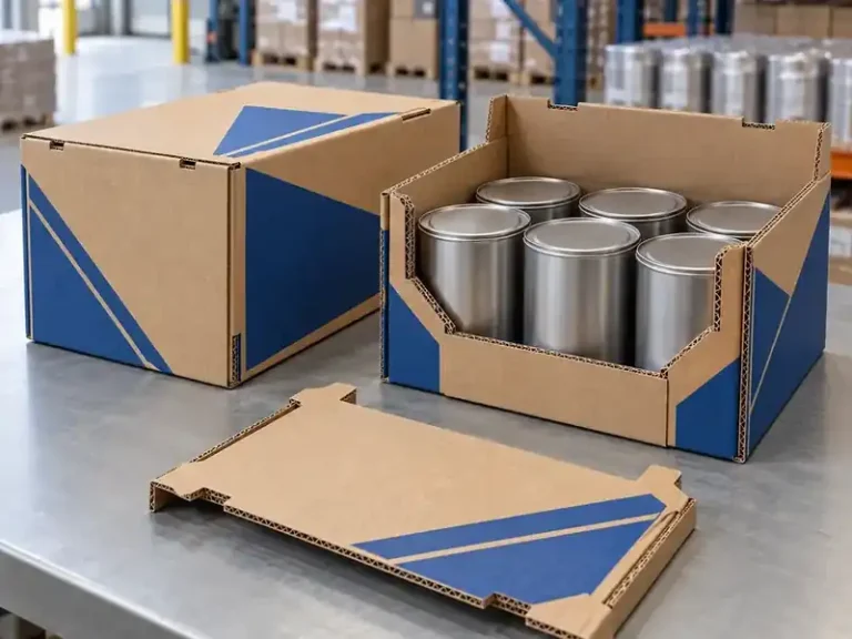 Kraft and cobalt display-ready corrugated packs shown closed and loaded with six tins