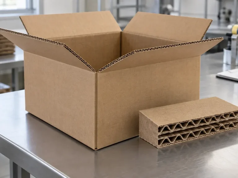 Heavy-duty kraft shipping carton with a visible double-wall corrugated board sample
