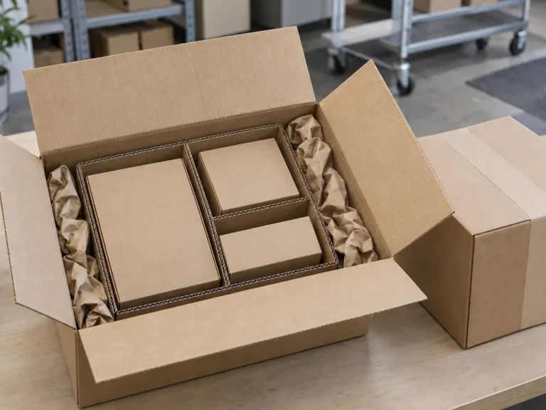 E-commerce fulfilment carton with fitted dividers, plain inner packs and paper void fill