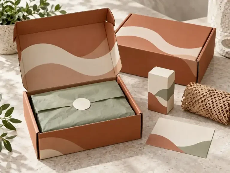 Terracotta e-commerce mailers with tissue, carton, paper wrap and blank presentation card