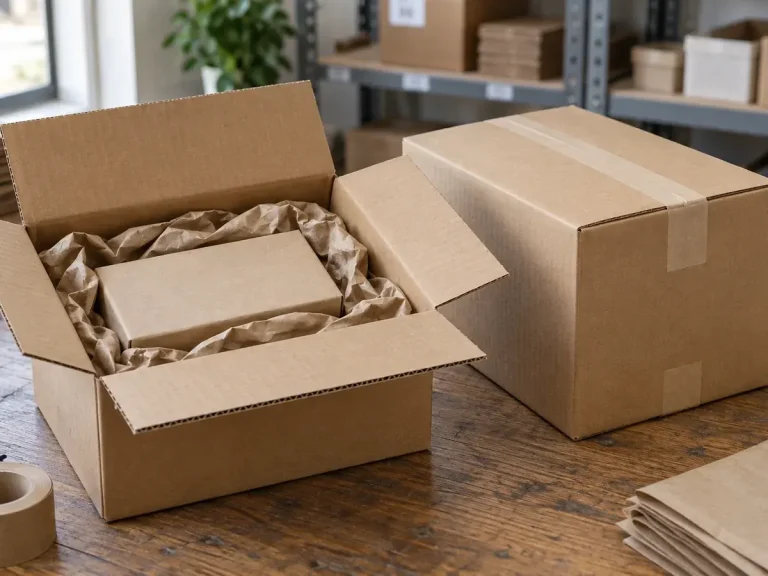 Kraft e-commerce shipping cartons with paper cushioning at a fulfilment workstation