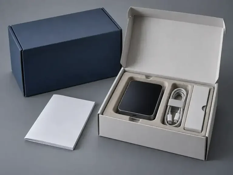 Navy and gray electronic product packaging set with molded-pulp insert, cable and booklet