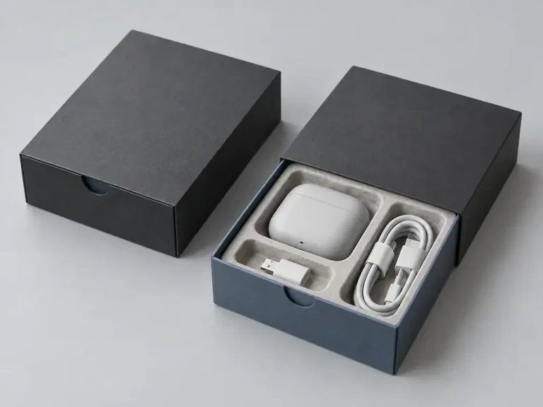 Graphite electronics drawer box with a molded pulp insert for an unbranded case, cable and adapter