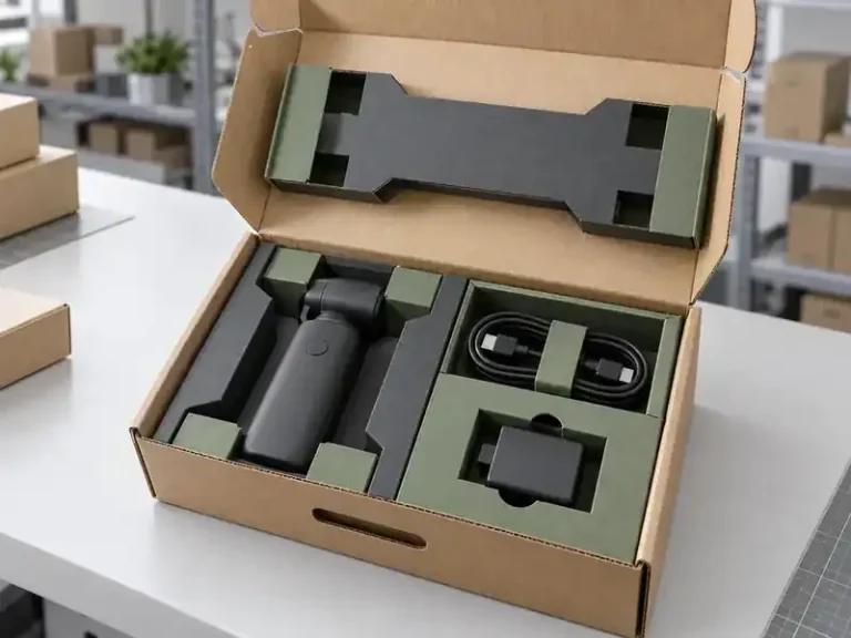 Kraft electronics box with charcoal and sage paperboard inserts for a device, cable and adapter