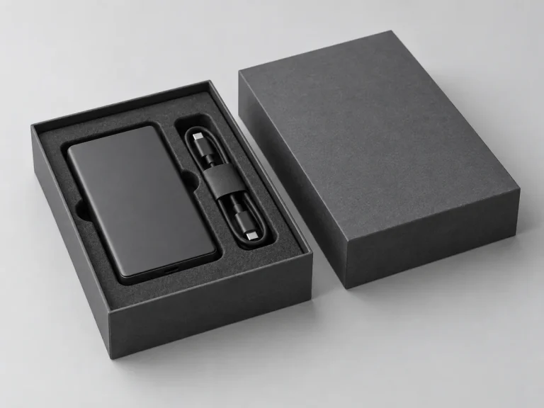 Charcoal electronics rigid box with molded pulp device and cable insert