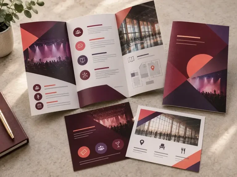 Coordinated burgundy and coral event brochures with venue imagery and abstract programme layouts